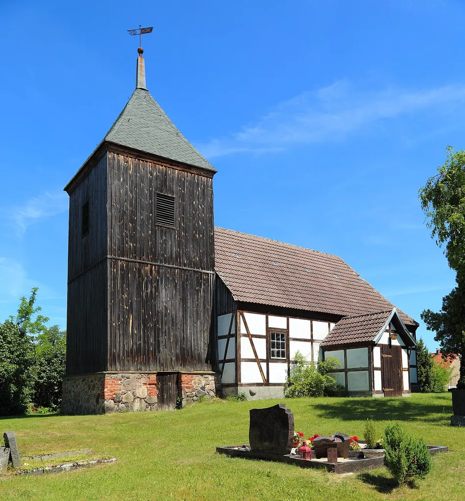 The timber framed Protestant Village Church (Dorfkirche) of Reicherskreuz, district of Schenkendöbern, Landkreis Spree-Neiße, Brandenburg, Germany.