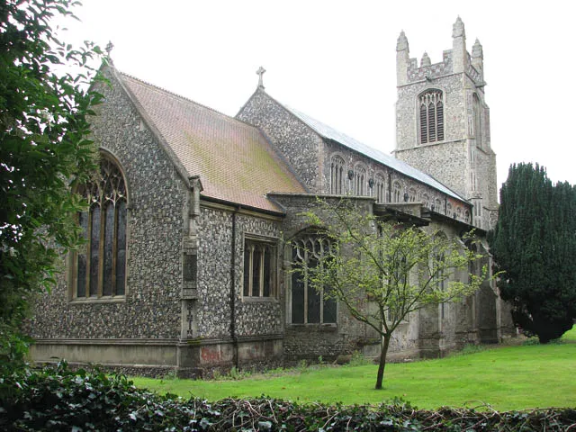 St Martin's Church. St Martin's church > 1394663 - 1394686 was designed and built in one piece by architect Thomas Aldrych in the mid 15th century, using limestone in combination with knapped flint for the flushwork decoration. The south aisle was restored and enlarged in the 16th century when the roof height was raised. The present chancel was restored by Norwich architect Edward Boardman in Victorian times. The east window, which contains Kempe glass, was installed at the same time. The reredos > 1394692 is by H.B. Walters and dates from 1906. It is believed that the Easter Sepulchre > 1394691 once contained the remains of Alice Knyvet and the indent of a brass depicting a woman in prayer remains on the back wall of the tomb recess. The octagonal font bowl > 1394706 - it is dated 'Feb 1 1617' and inscribed with the name of the churchwardens - rests on a medieval shaft which is decorated with four lions, alternating with wild men. Four of the doors > 1394682 are original and several 15th century poppy-headed benches have survived in the nave. The church is open every day.