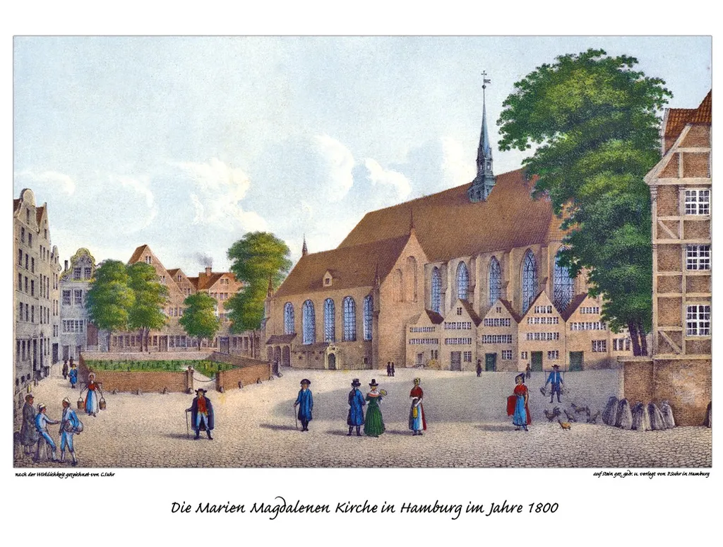 Die Marien Magdalenen Kirche in Hamburg im Jahre 1800, gezeichnet von Christoffer Suhr, Litho von Peter Suhr