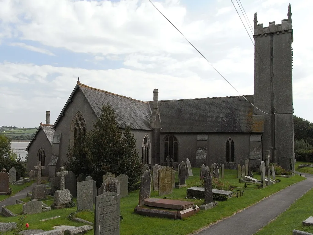 Bere Ferrers Church, Devon, viewed from NW, with River Tavy in background.