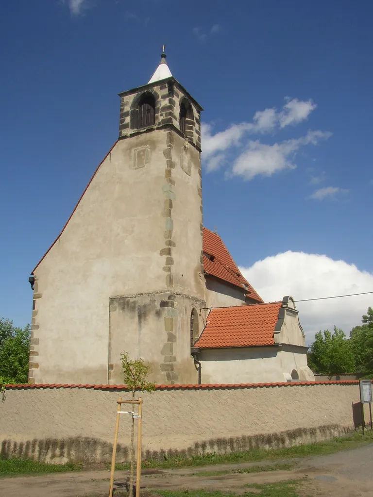 Gothic church of St. James in Libiš, Mělník District, Czech Republic. Built shortly before 1391, tower added in 1541.
