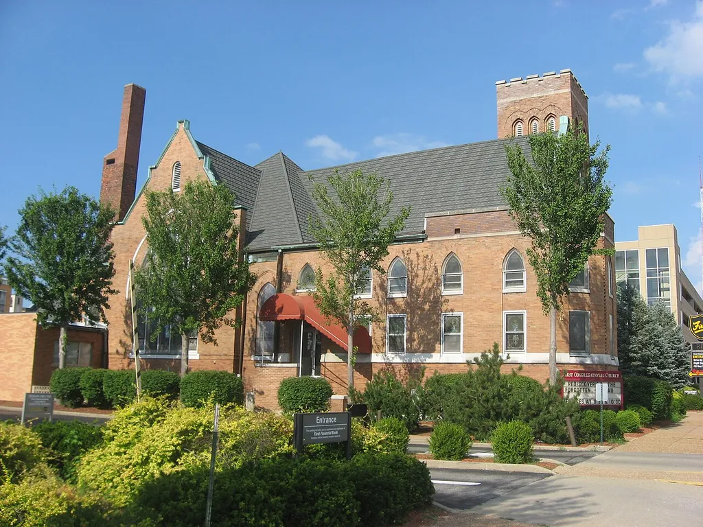 Western side of First Congregational Church, located at 630 Ohio Street in Terre Haute, Indiana, United States. Built in 1902, it is listed on the National Register of Historic Places.