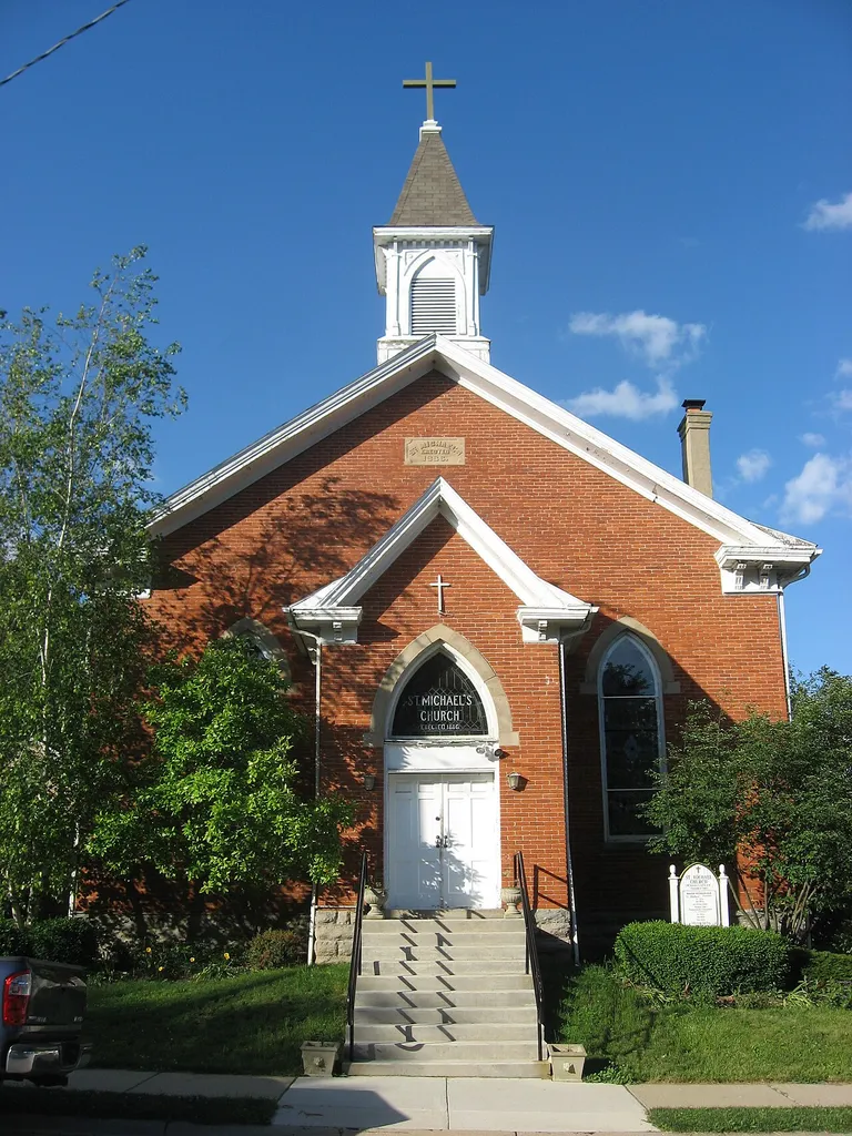 Front of St. Michael's Catholic Church, located at 40 Walnut Street in Mechanicsburg, Ohio, United States. Built in 1888, it is listed on the National Register of Historic Places.