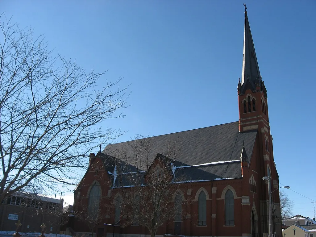 Eastern side of St. Joseph's Catholic Church, located at 802 Kenton Street in Springfield, Ohio, United States. Built in 1892, it is listed on the National Register of Historic Places.
