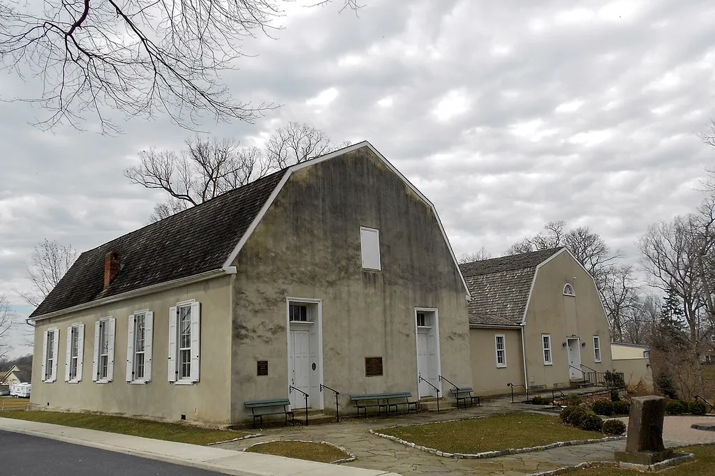 Donegal Presbyterian Church Complex on the NRHP since July 2, 1985. On Donegal Springs Road, East Donegal Township, Lancaster County, Pennsylvania. The old church is in front, the new (1970s?) is in back.