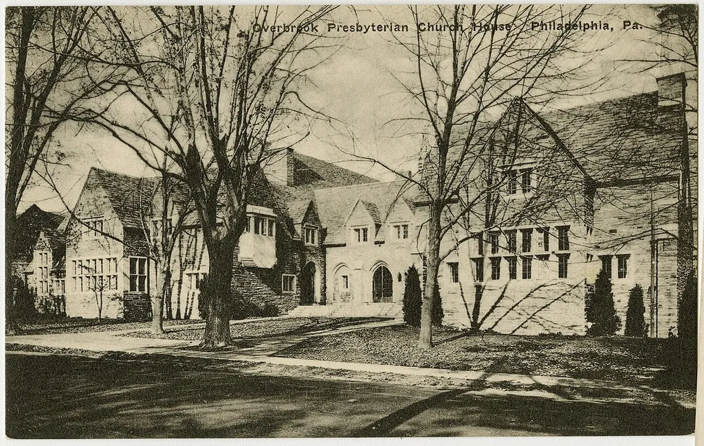 Overbrook Presbyterian Church in Philadelphia, Pennsylvania on a pre-1923 postcard. From RG 428, Postcard Collection, Presbyterian Historical Society, Philadelphia, Pennsylvania.