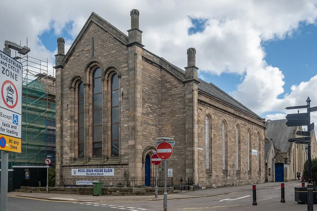 Elgin High Kirk, presently the 'RCCG Jesus House Elgin' is located in Guildry Street, Elgin nearby to the High Street. It is a Category B listed building.