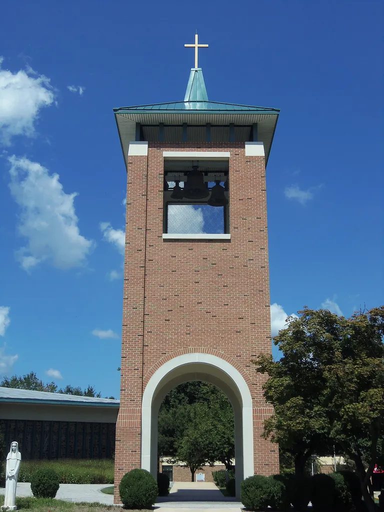 The bell tower at Saint Elizabeth Catholic Church in Rockville, Maryland.