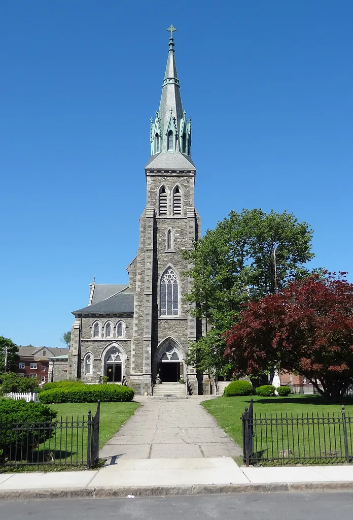 Saint Patrick Church, located at 284 Suffolk Street, Lowell, Massachusetts. East (front) side shown.