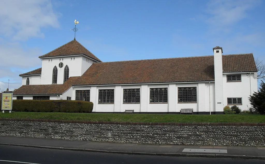 St Mary's Church, Decoy Drive, Hampden Park, Eastbourne, East Sussex, England. Rebuilt in 1952–54 by Sir Edward Maufe after the original church was damaged by World War II bombing. Listed at Grade II by English Heritage (IoE Code 470628)