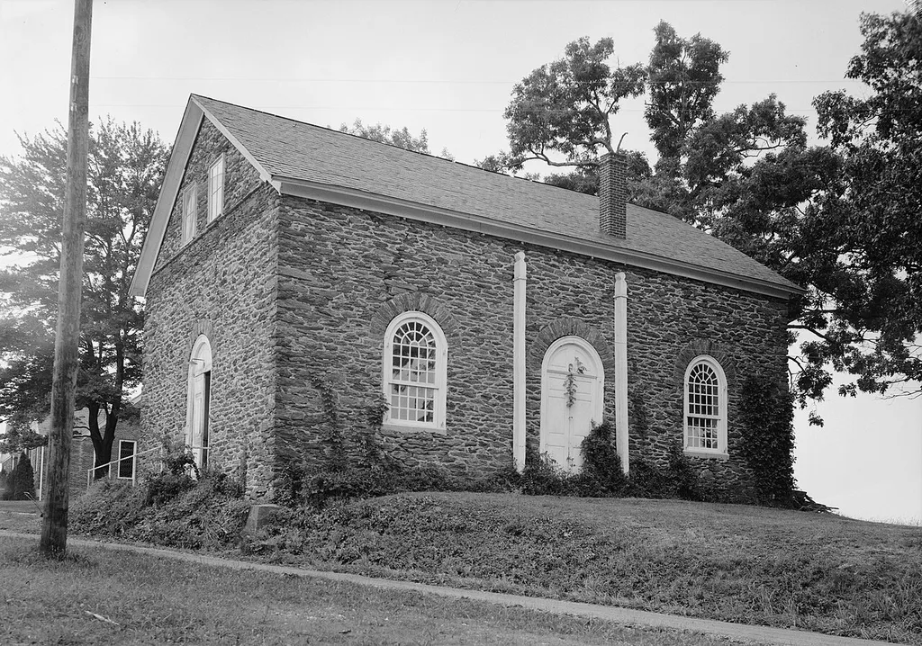 Front and side of the Guinston United Presbyterian Church, located off Pennsylvania Route 74 east of Laurel in Lower Chanceford Township, York County, Pennsylvania, United States. Built in 1773, it is listed on the National Register of Historic Places.