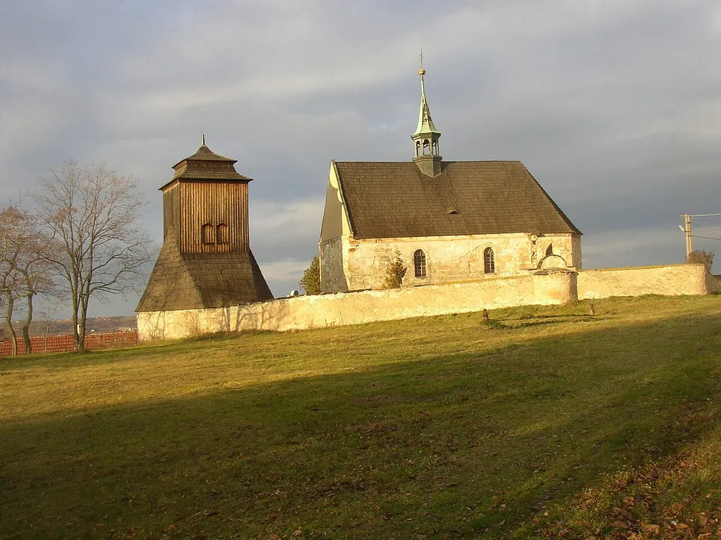 Church of St James the Great and wooden belfry in Želenice (Kladno District), Czech Republic.