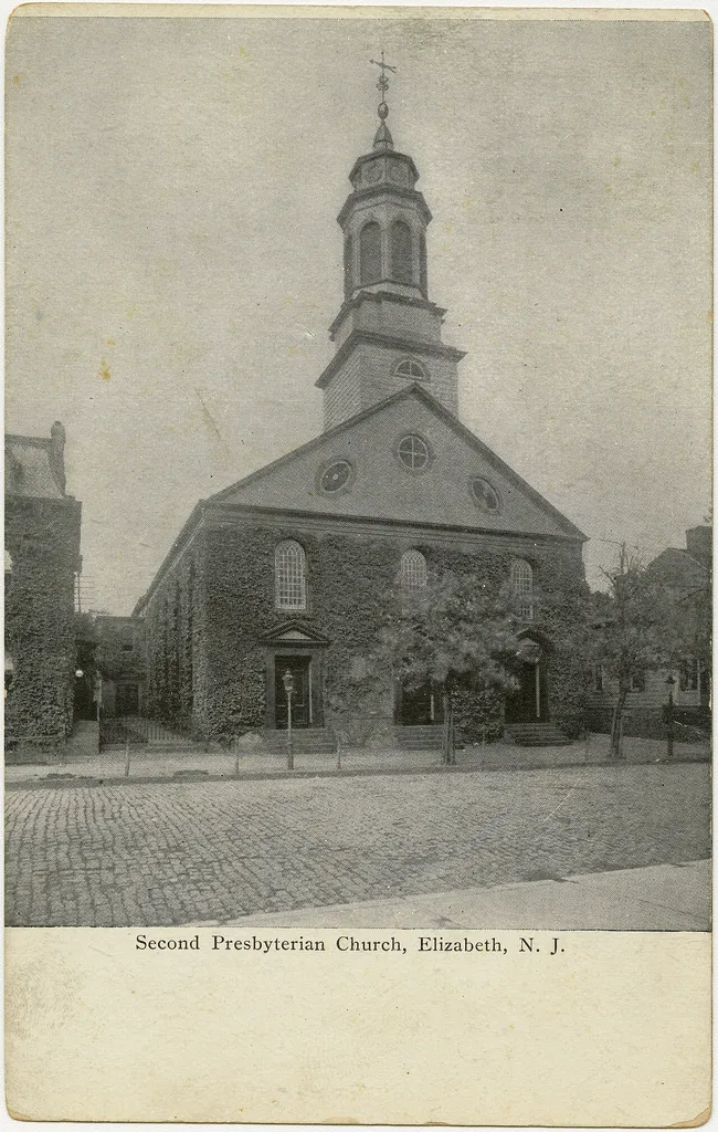 Second Presbyterian Church in Elizabeth, New Jersey from a pre-1923 postcard From RG 428, Postcard Collection, Presbyterian Historical Society, Philadelphia, Pennsylvania.