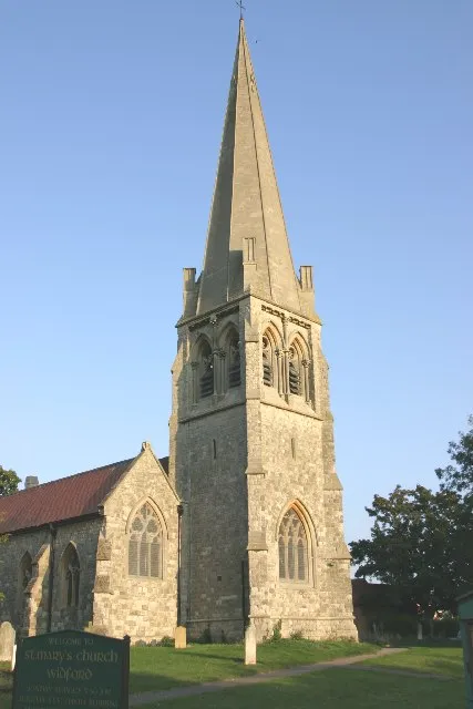 West tower and broach spire of St Mary's parish church, Widford, Essex, seen from the northwest
