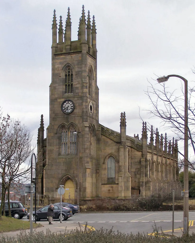 The former Holy Trinity parish church, Bolton, Greater Manchester, seen from the west across Thynne Street. The church has been redundant since 1993 and is now in a dangerous condition inside.