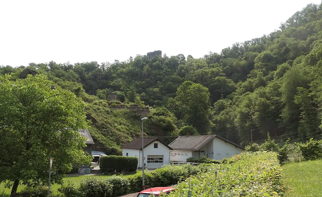 Naturschutzgebiet Burgruine Schwarzenberg (Haneck) bei Geroldstein (Ortsteil Hallgarten (Rheingau), Oestrich-Winkel, Rheingau-Taunus-Kreis, Hessen, Deutschland). Direkt über den Häusern die Burg Geroldstein, oben die Burg Haneck