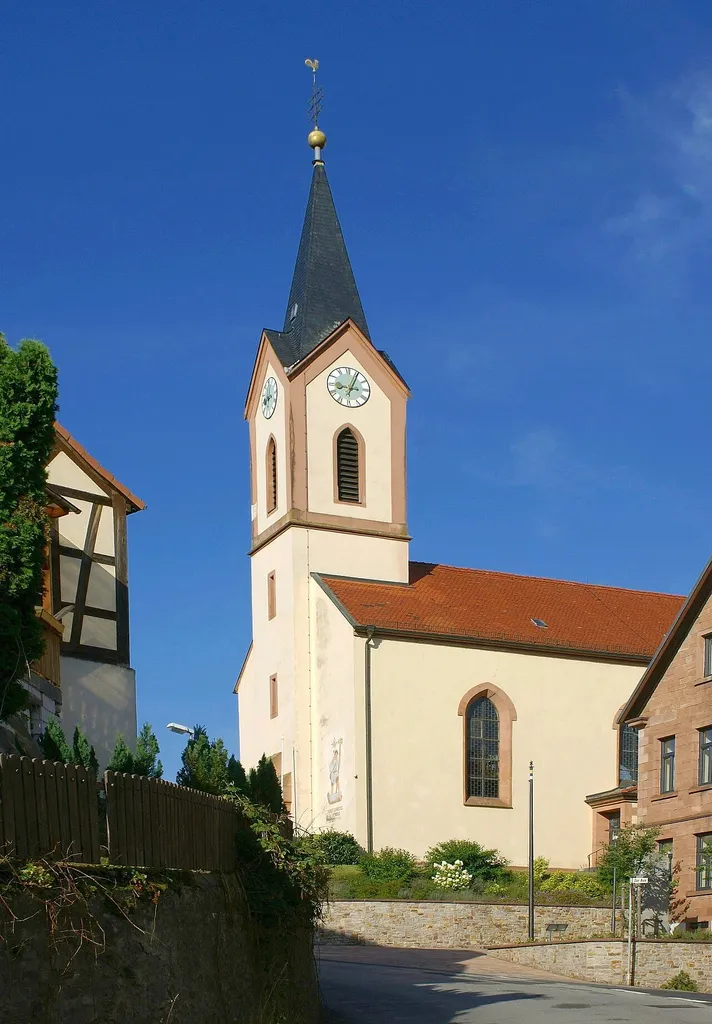 This is a view from the Kahlgrundstraße, the main road through the village Schimborn on the former parish church of the village.