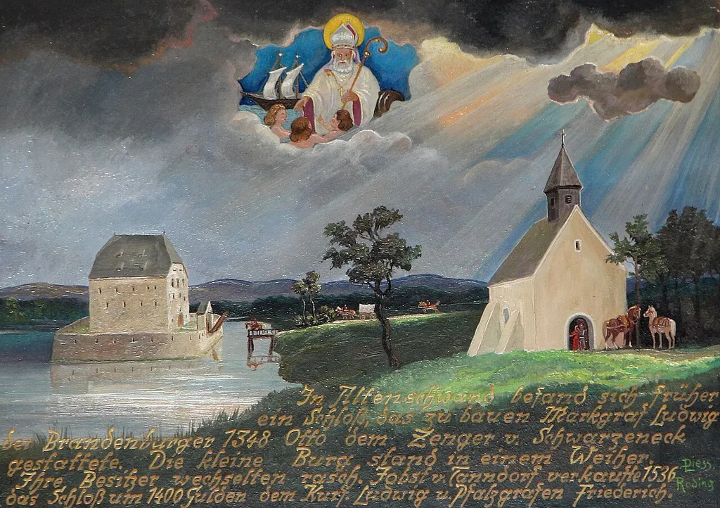 St. Nikolaus in Altenschwand: Darstellung von Kirche und Schloss Altenschwand auf einem Bild im Altarraum der Kirche; Altenschwand, Gemeinde Bodenwöhr, Landkreis Schwandorf, Oberpfalz, Bayern