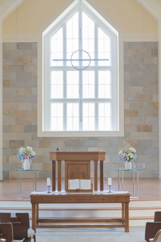 The pulpit and cross of Stone Hill Church of Princeton.