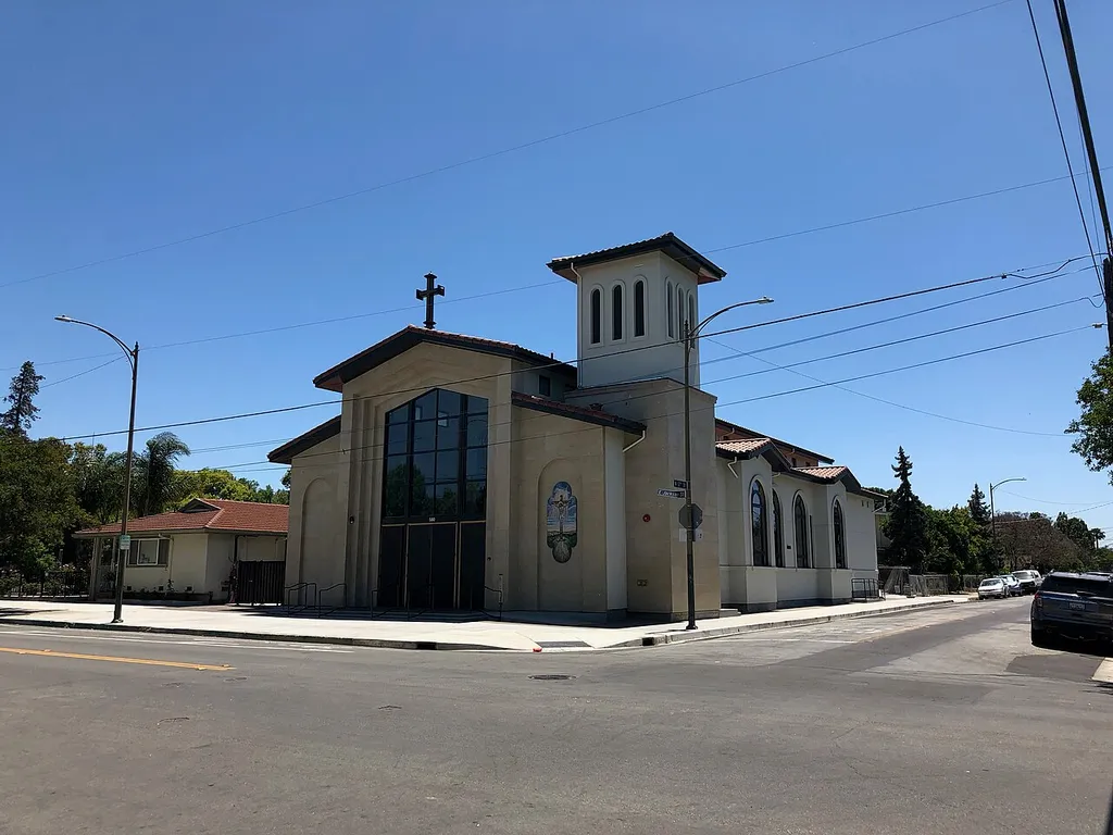 Holy Cross Church in San Jose, California, seen from the corner of East Jackson Street and North 12th Street, after the new church building was dedicated.