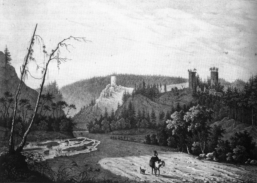 Roggenbacher Schlösser: Steinegg (links) und Roggenbach (rechts). aus Vues pittoresques des vieux chateaux d'Allemagne, le Grand Duché de Bade, Strasbourg 1829