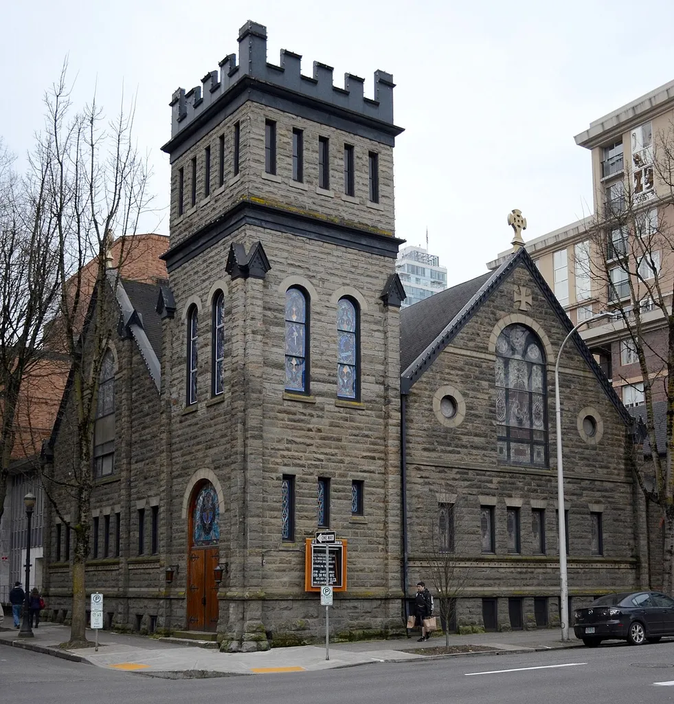 St. James Lutheran Church, in Portland, Oregon, is listed on the U.S. National Register of Historic Places. The main building was constructed in 1907–08. This view is from the northeast, across the intersection of S.W. Park Avenue (west) and Jefferson Street.