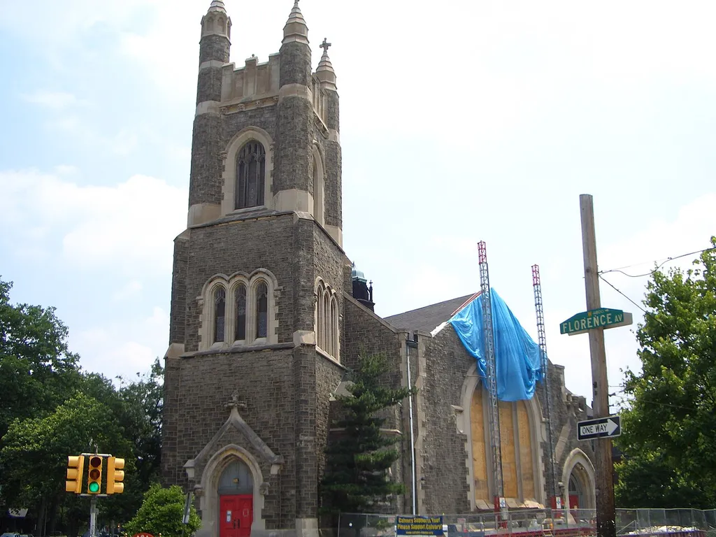 Picture of Calvary United Methodist Church, Philadelphia. A view of the church from the west. Restoration work was being performed in the summer of 2005.