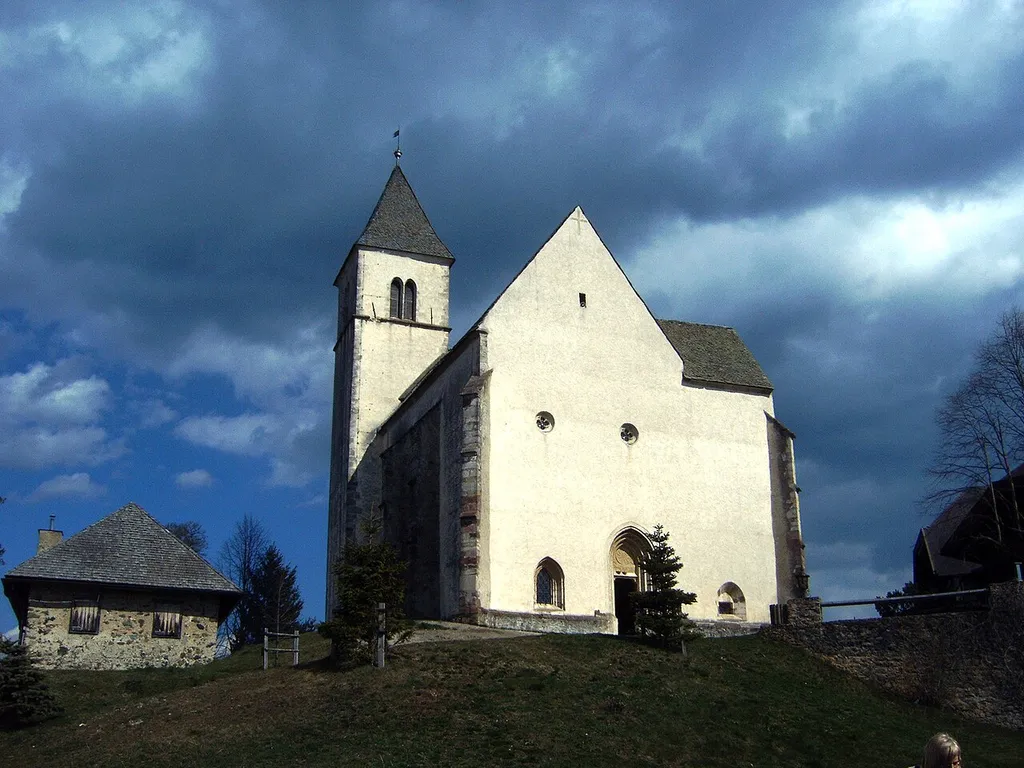 North west view at the subsidiary church Saints Helena and Maria Magdalena on top of Mount Magdalena, municipality Magdalensberg, district Klagenfurt Land, Carinthia / Austria / EU