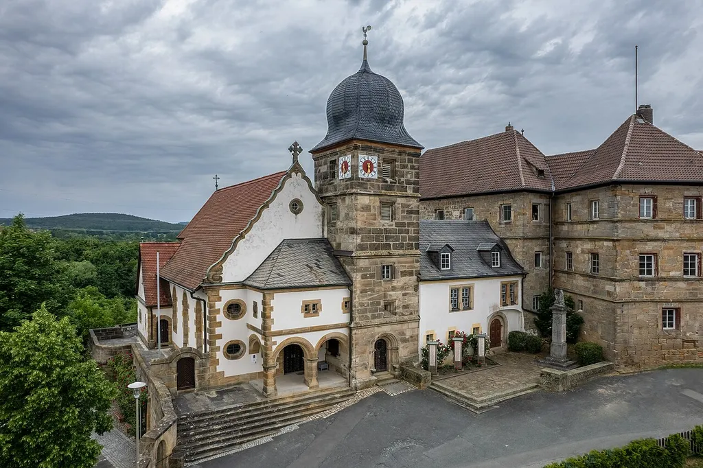 Aerial view of the Evangelical Lutheran parish church of St. Ägidius in Redwitz an der Rodach