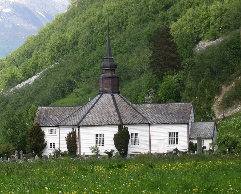 Dale (Norddal) church seen from Hallstad, south to north direction.