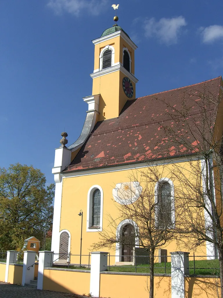 Tower and parts of the nave of the St. Georgs-Pfarrkirche (lutheran) in Igensdorf in Bavaria, Germany.