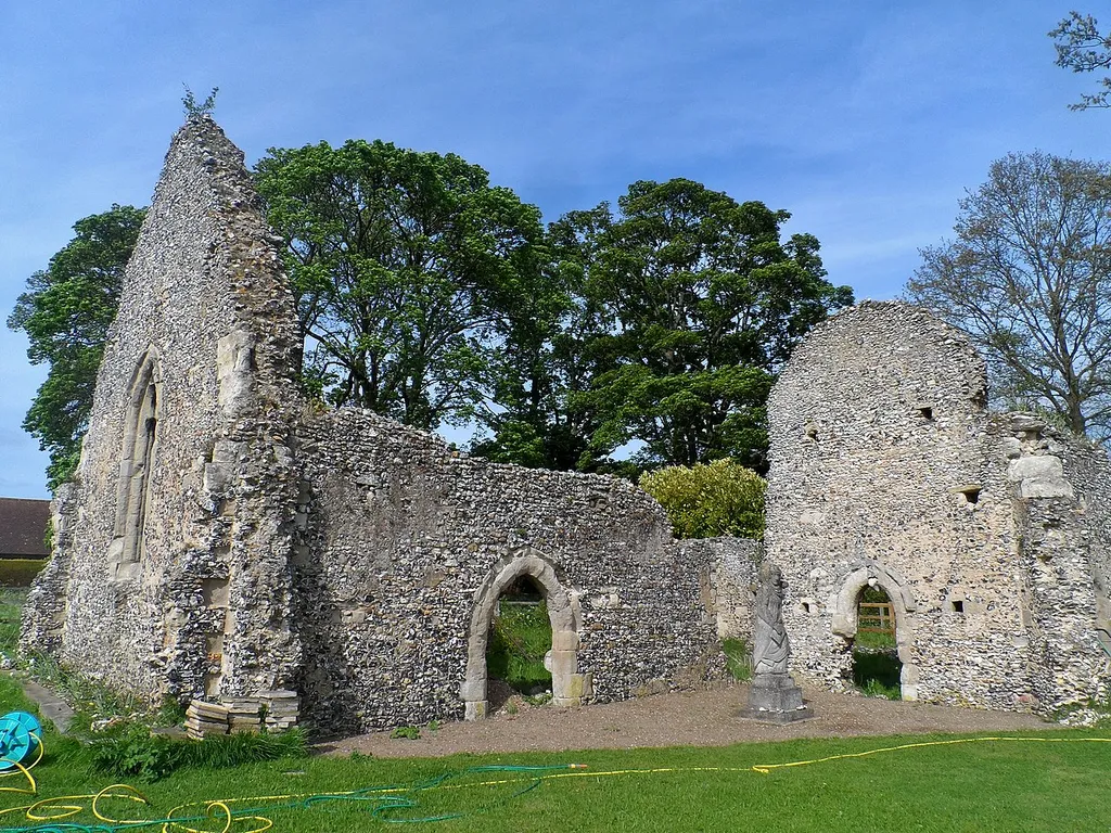 The ruin of St Etheldreda's, a medieval church at Chesfield, Hertfordshire. The statue is modern