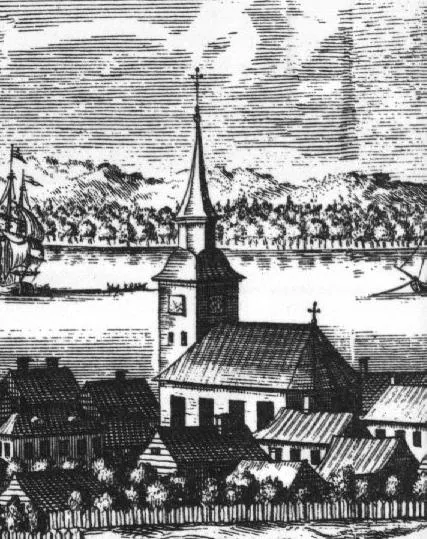 Caroli kyrka i Varberg. Utsnitt ur kopparsticket "Wardberg" i Suecia antiqua et hodierna.