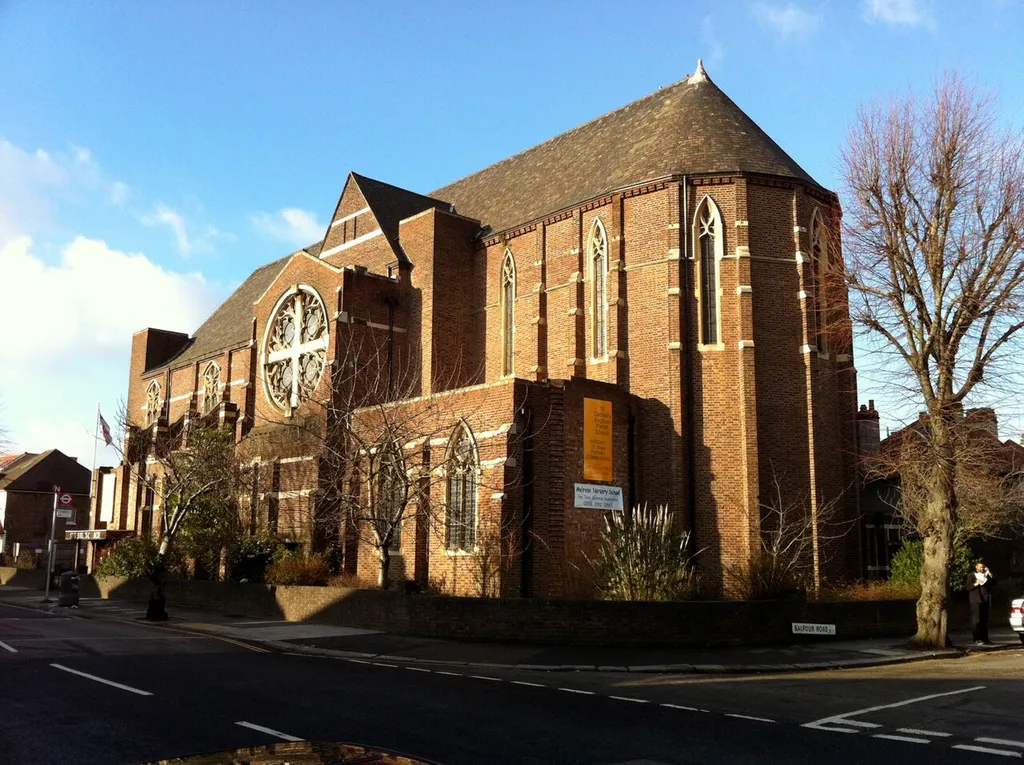 St Gabriel's parish church, Noel Road, North Acton, London W3, seen from the southeast