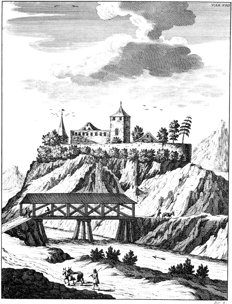 Schloss Lütisburg auf einem Kupferstich von J.J. Scheuchzer um 1700 - Im Vordergrund Alte Thurbrücke