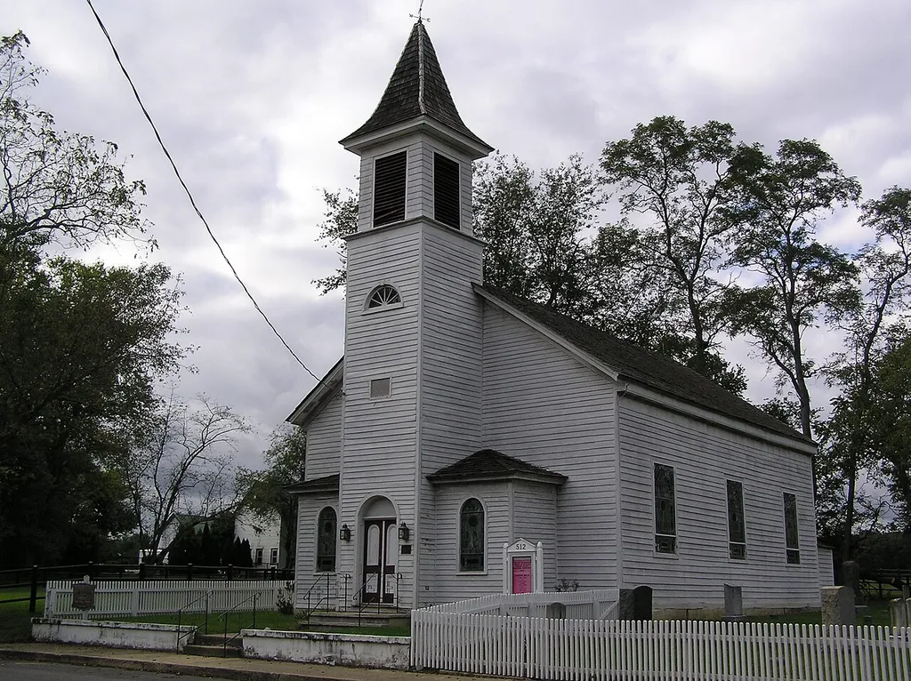 The Clarksburg Methodist Episcopal Church, 512 Monmouth County Rt. 524 in Millstone Township, NJ. The cemetery can be seen to the right.