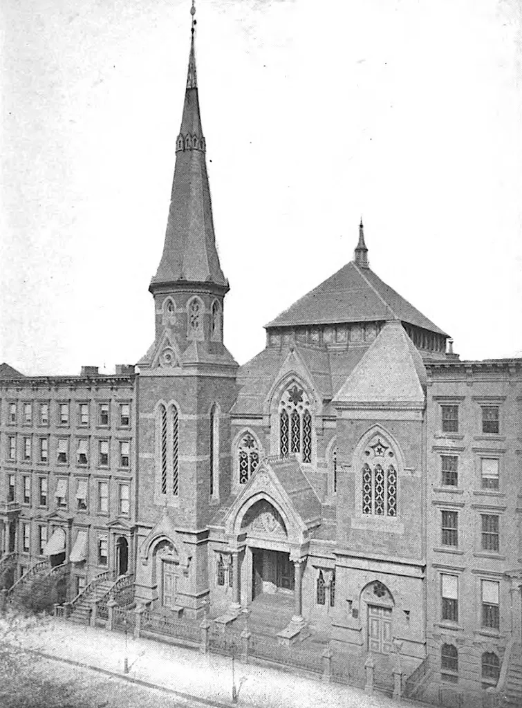 West Presbyterian Church (New York City).Caption reads:“Dr. Hastings’ old church -- the West Presbyterian -- Forty-second Street"1876, now [1920] site of Aeolian Hall.”