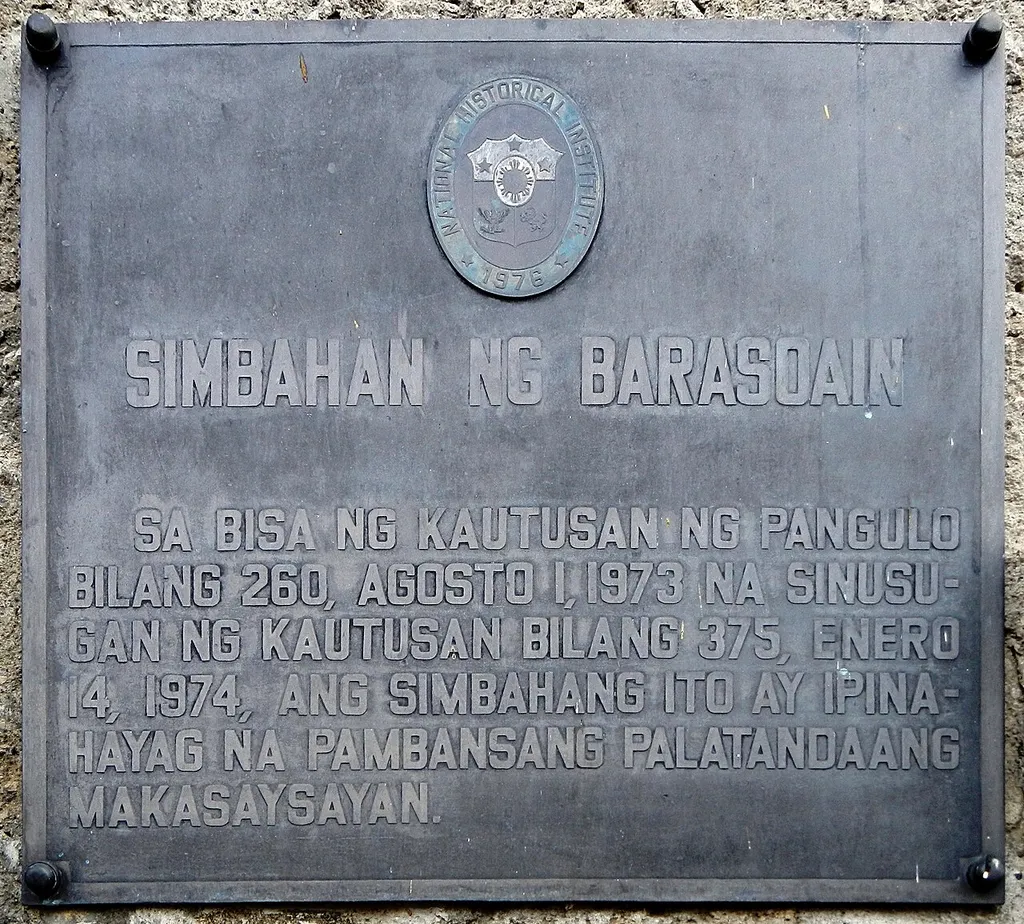 Historical marker commemorating the declaration of Barasoain Church as a National Historical Landmark installed by the w:National Historical Commission of the Philippines (then the National Historical Institute).