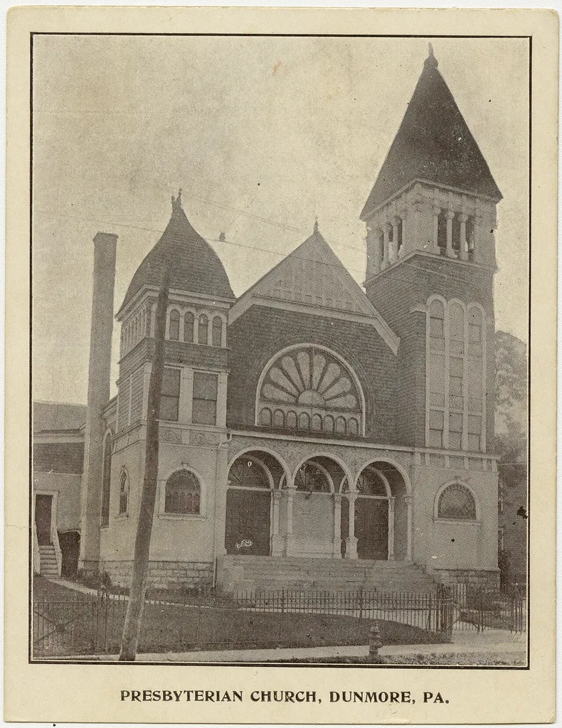 Presbyterian church in Dunmore, Pennsylvania from a pre-1923 postcard From RG 428, Postcard Collection, Presbyterian Historical Society, Philadelphia, Pennsylvania.