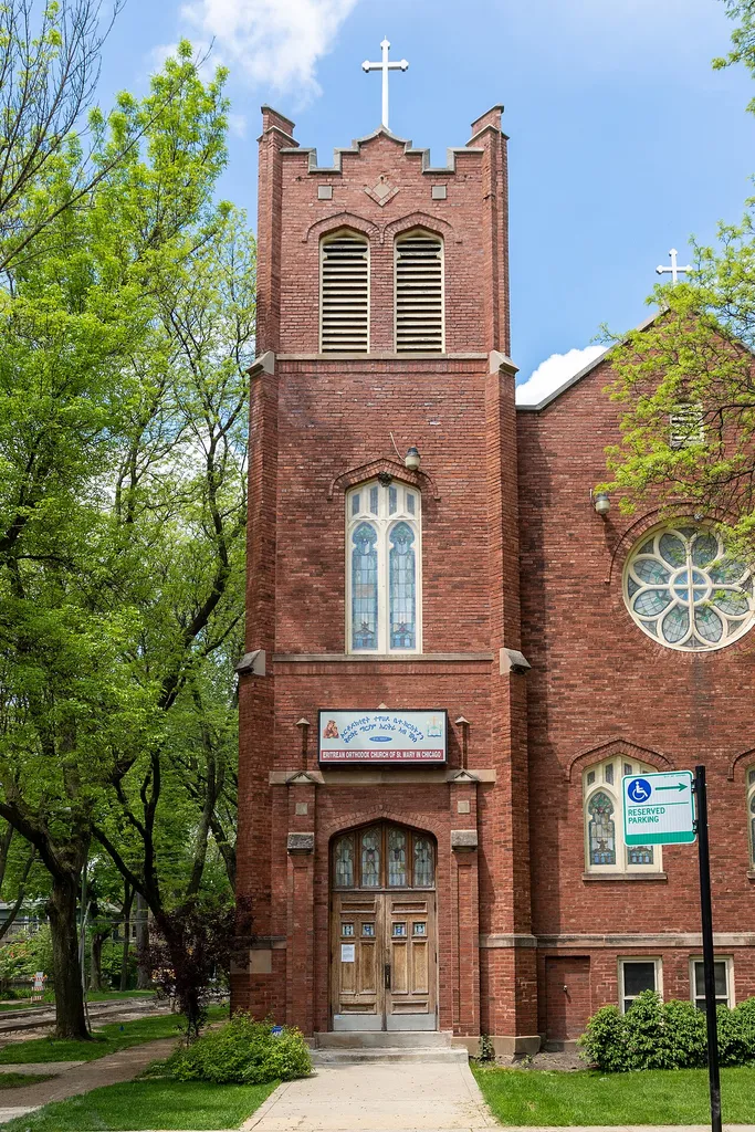 Swedish Methodist Episcopal Church, now the St. Mary Eritrean Orthodox Church in Chicago. 6350 N Paulina St., Chicago, Illinois.