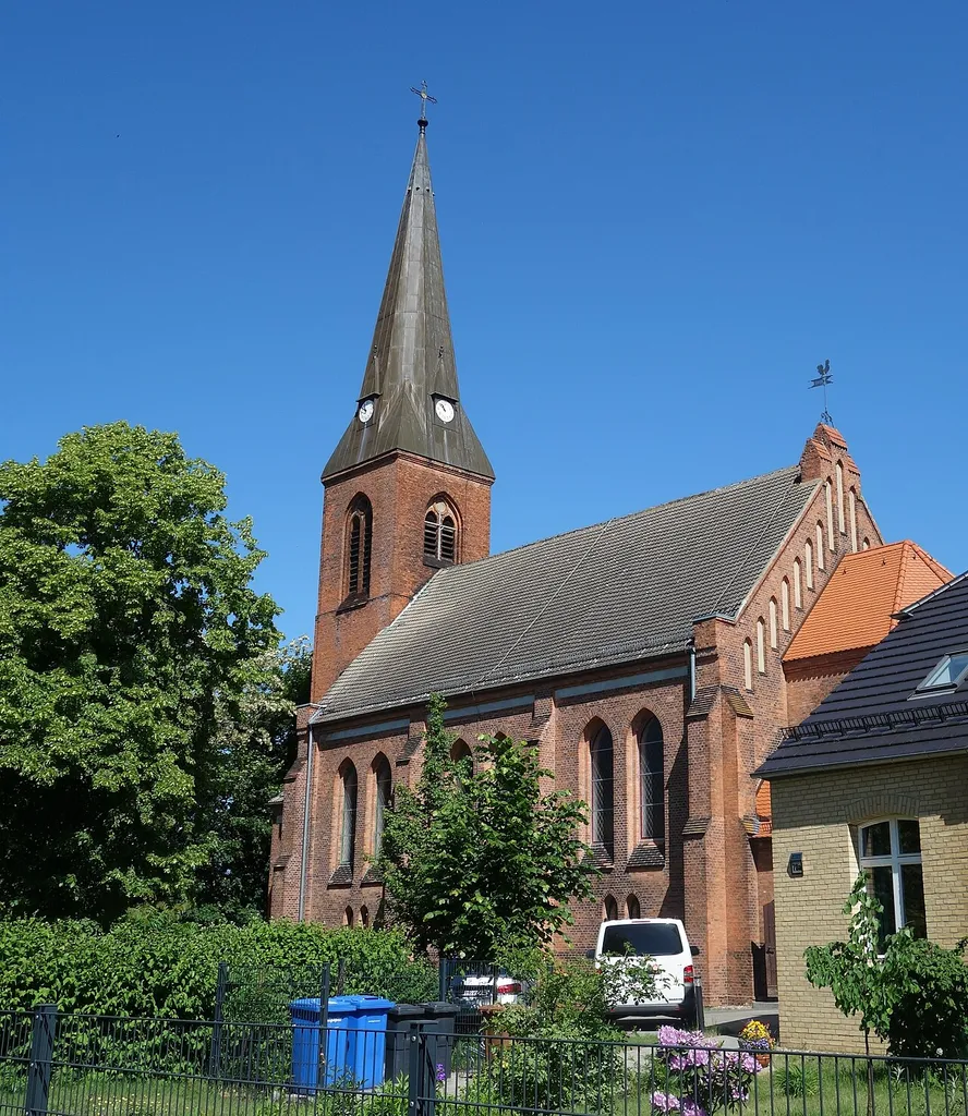 South-eastern view of the church in Finow, Eberswalde municipality, Barnim district, Brandenburg state, Germany.