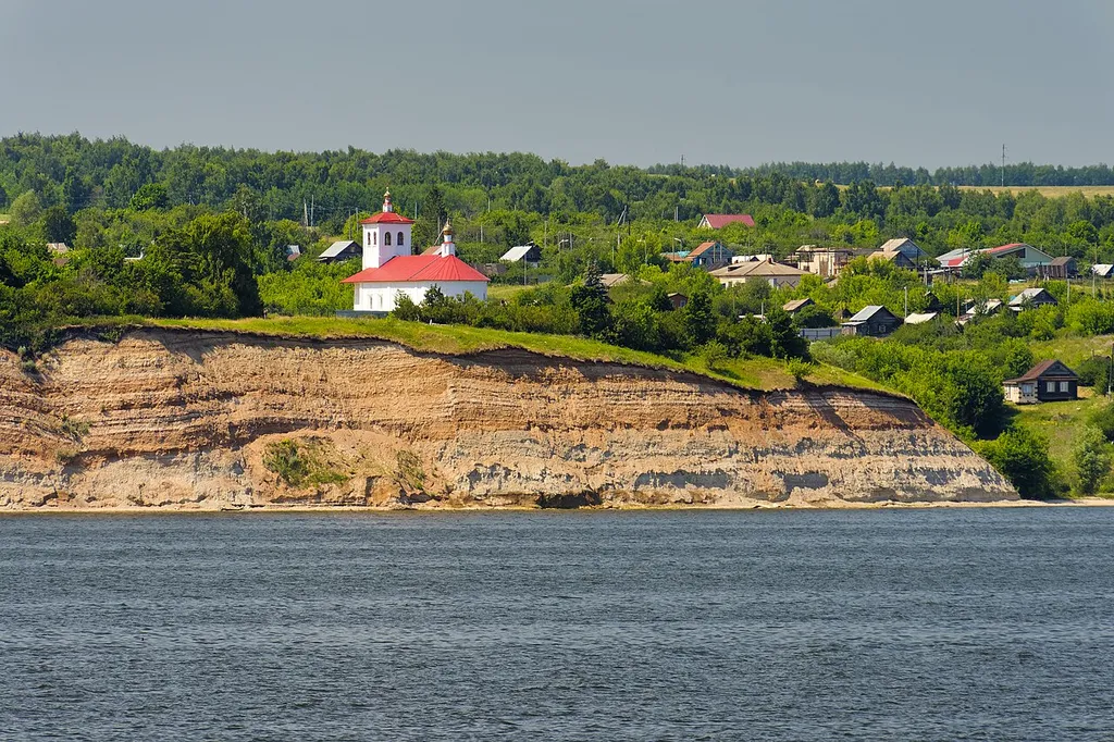 Volga river. Burtasy. Church of the Nativity of Christ