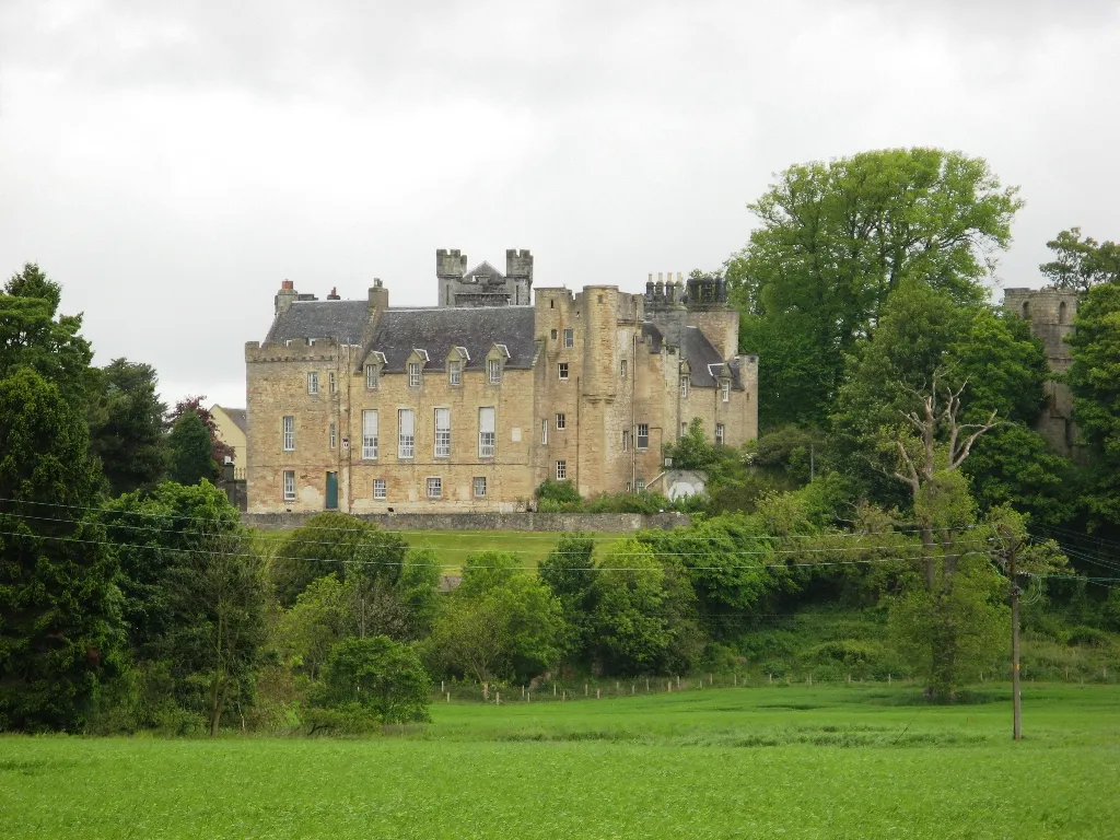 Airth Castle, near Falkirk, Scotland, seen across a field from the south
