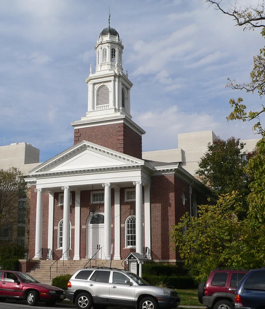 First Unitarian Church of Omaha, located at 3114 Harney Street in Omaha, Nebraska; seen from the southeast.