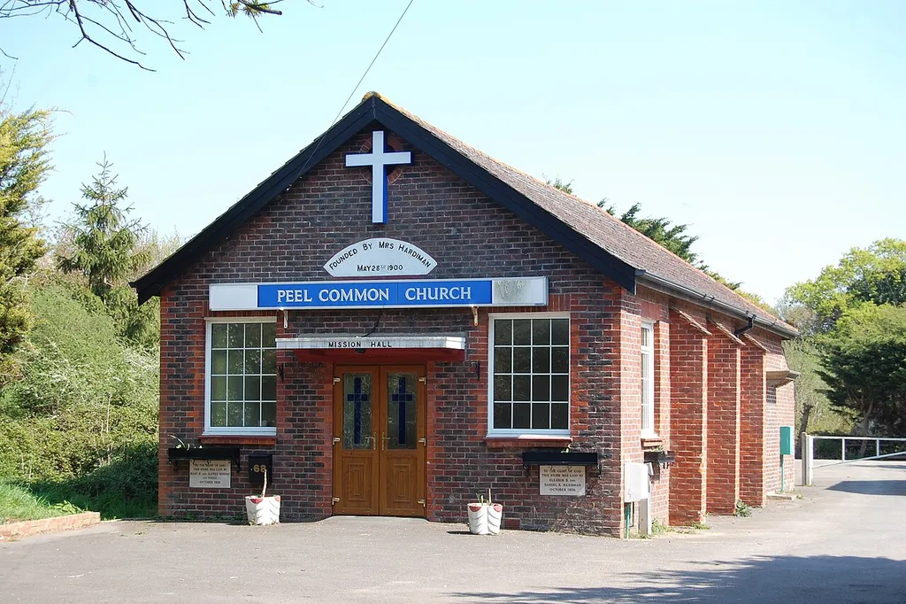 Peel Common Mission Church, Newgate Lane, Peel Common, Borough of Fareham, Hampshire, England. A small Evangelical mission church founded in 1900 and rebuilt in its present form in 1926.