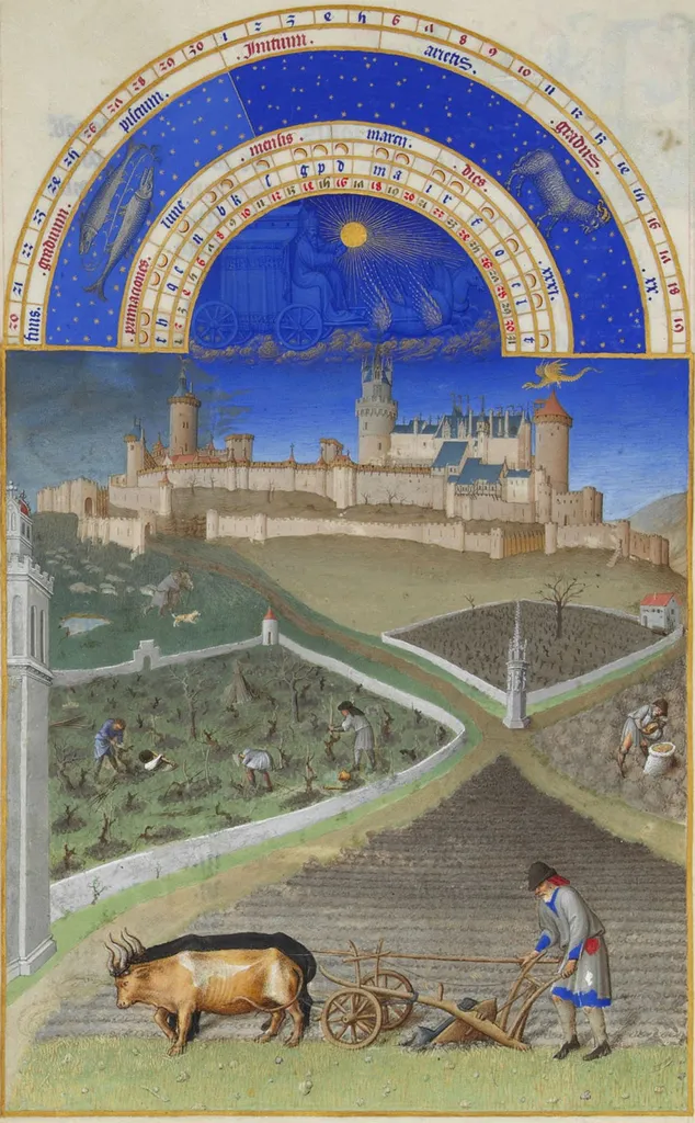 In the foreground, a peasant ploughs a field with a plough pulled by two oxen, the man steering them with a long goatee. Winegrowers prune the vine in an enclosure on the left and plough the soil with a hoe to aerate the soil: these are the first ways of the vine. On the right, a man leans over a sack, probably to draw some seeds that he will then sow. Finally, in the background, a shepherd takes the dog that guards his flock. In the background is the castle of Lusignan (Poitou), property of the Duke of Berry who had it modernized. On the right of the picture, above the Poitou tower, a winged dragon representing the fairy Mélusine.