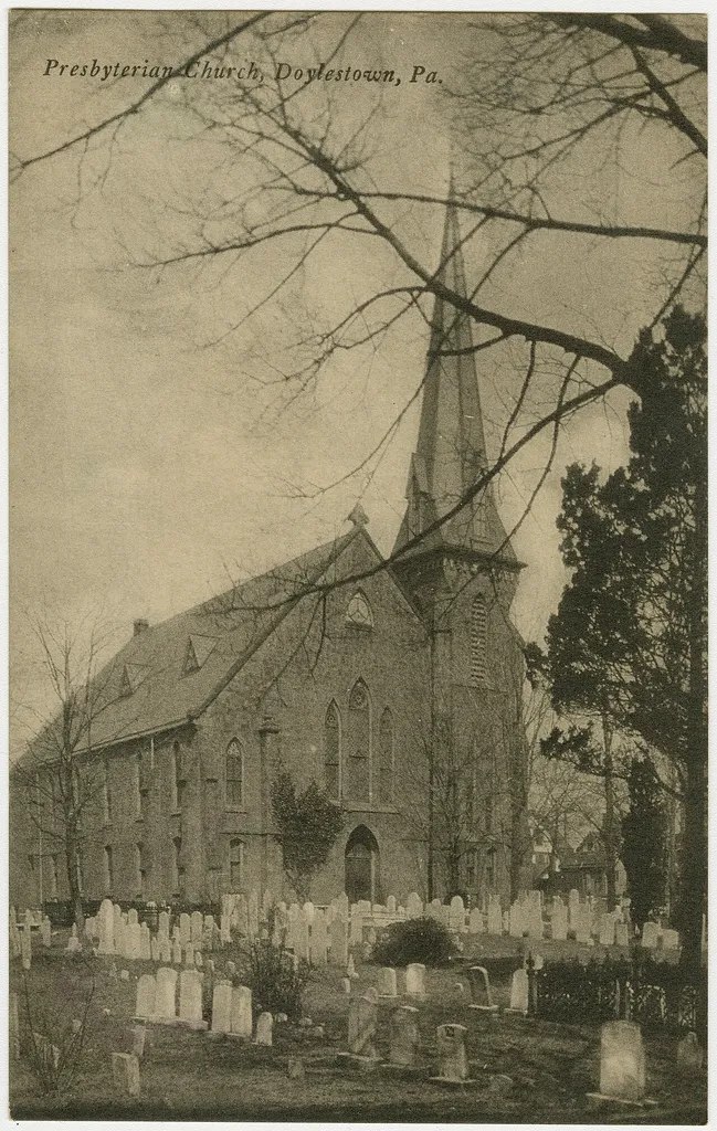 Presbyterian church in Doylestown, Pennsylvania from a pre-1923 postcard From RG 428, Postcard Collection, Presbyterian Historical Society, Philadelphia, Pennsylvania.