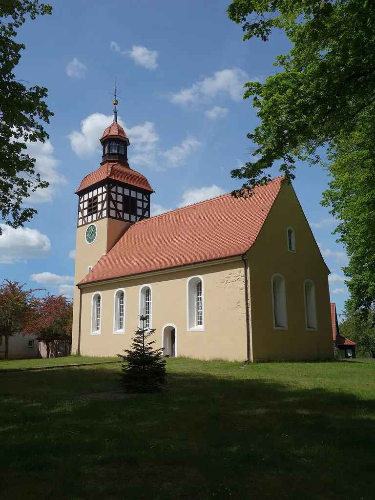 South-eastern view of the church in Vietmannsdorf , Templin municipality , Uckermark district, Brandenburg state, Germany.