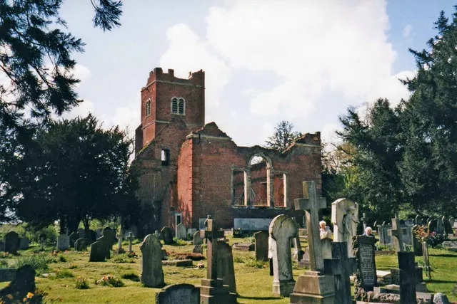 Ruin of the former parish church of St John the Evangelist, Great Stanmore, Middlesex, seen from the east. It was built in 1632 and abandoned in 1850, when it was replaced by the current church.