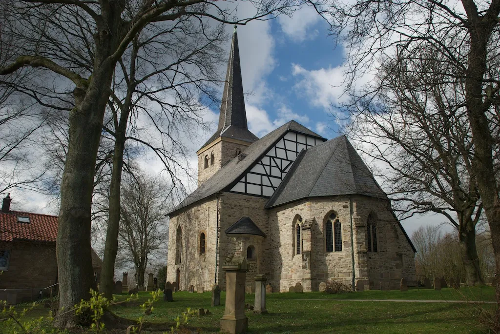 The Stiepel Church with graveyard, Bochum, Germany, as seen from Brockhauser Straße/ Brockhauser Street